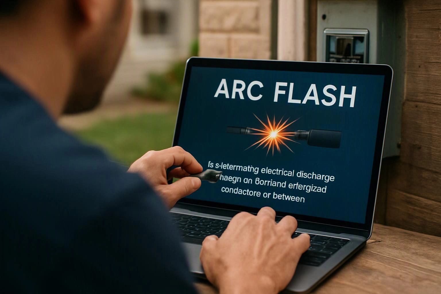 A person types on a laptop showing an arc flash safety slide with a spark illustration and text