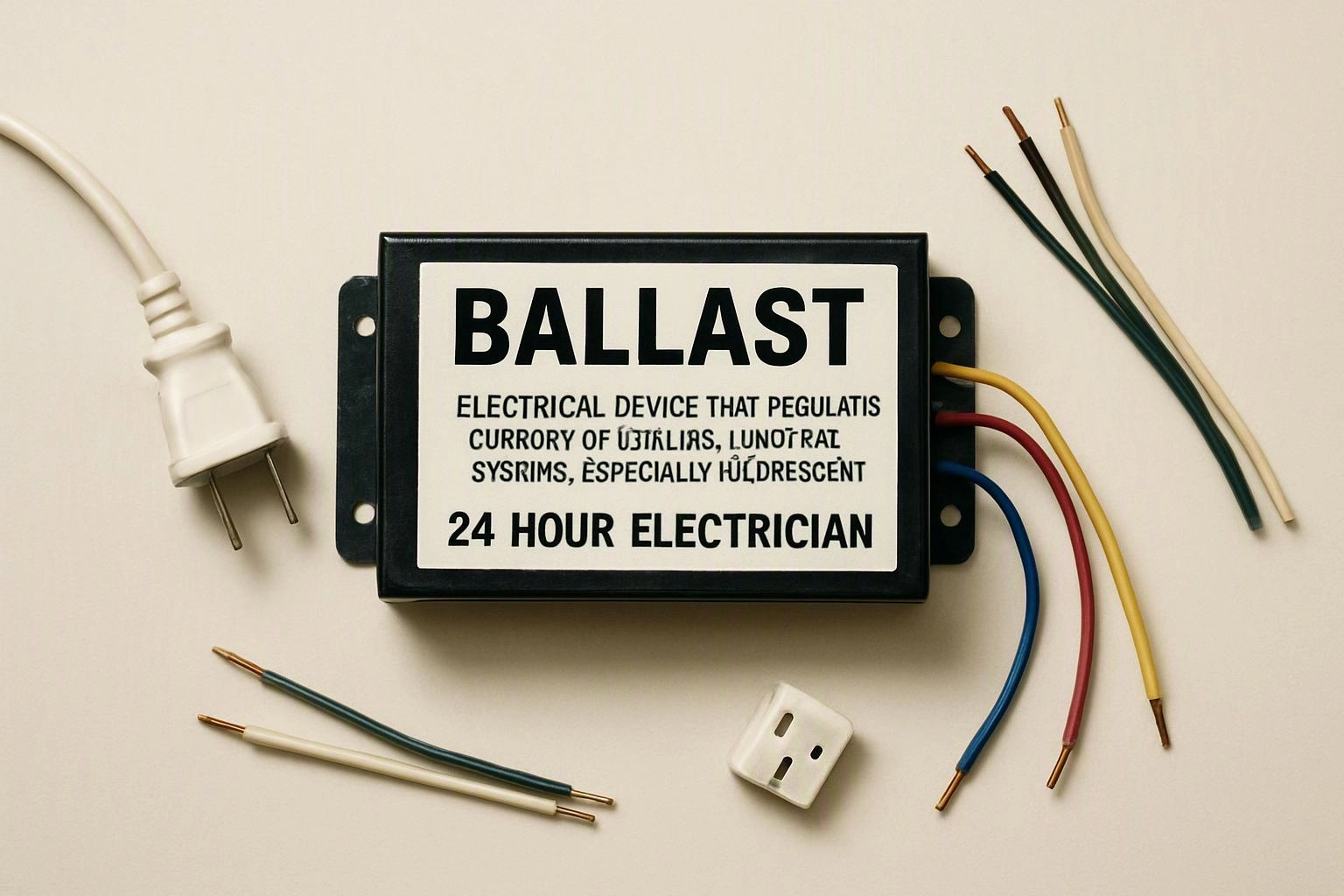 A ballast box with exposed wires, a plug, and a small outlet sits on a plain light surface