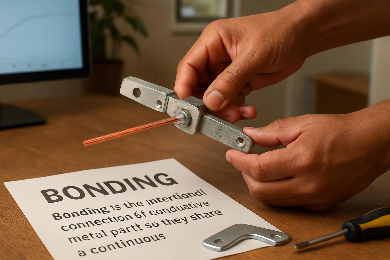 Hands position a metal clamp with a copper wire above a paper labeled “BONDING” on a desk