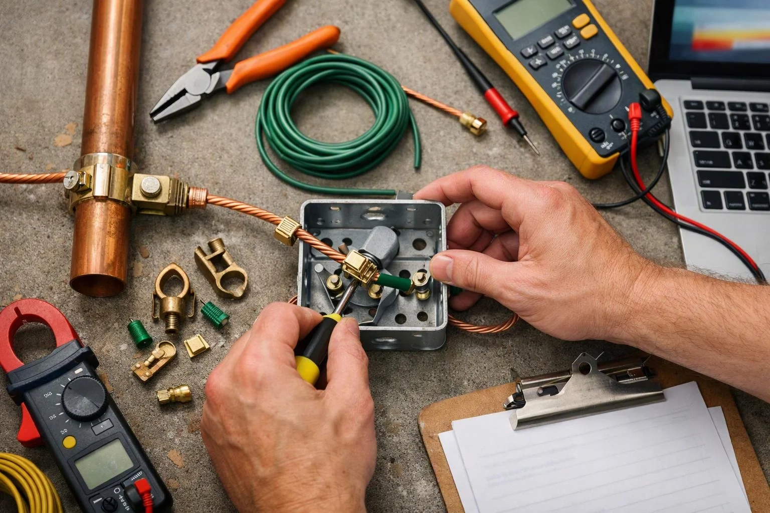 Hands wire a metal electrical box on a workbench with pliers, multimeter, copper cable, and tools around it