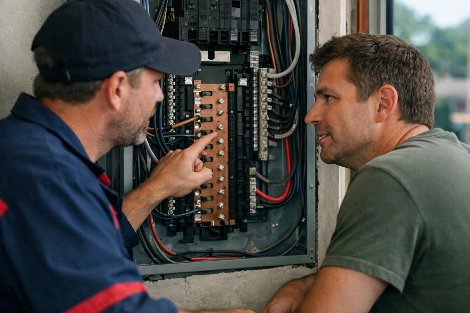 Two men inspect an open electrical breaker panel, one pointing at the wiring inside a wall opening