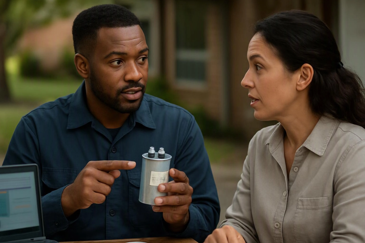 A man shows a small metal canister to a woman while they talk outdoors beside a laptop