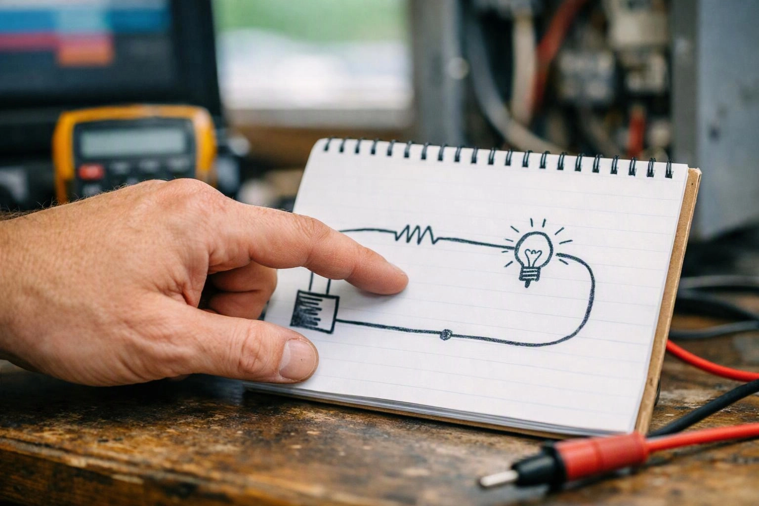 A hand points to a notebook sketch of an electric circuit with a glowing light bulb on a workbench