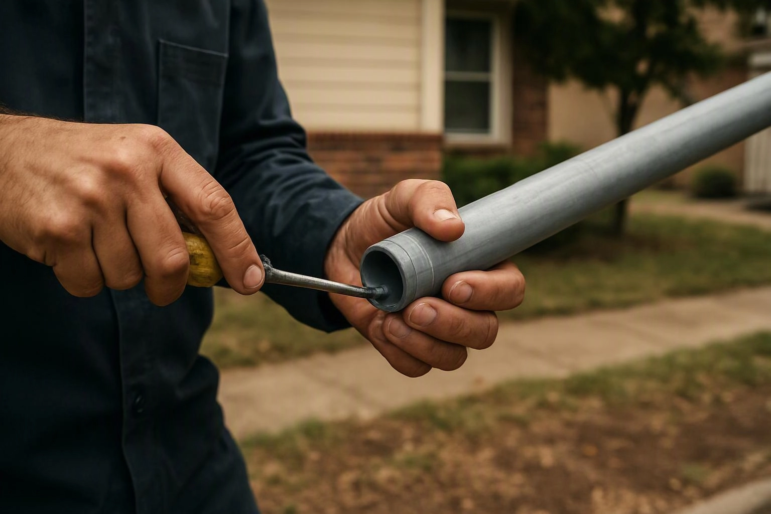 A person holds a gray metal pipe and turns a screwdriver at the open end outside a house
