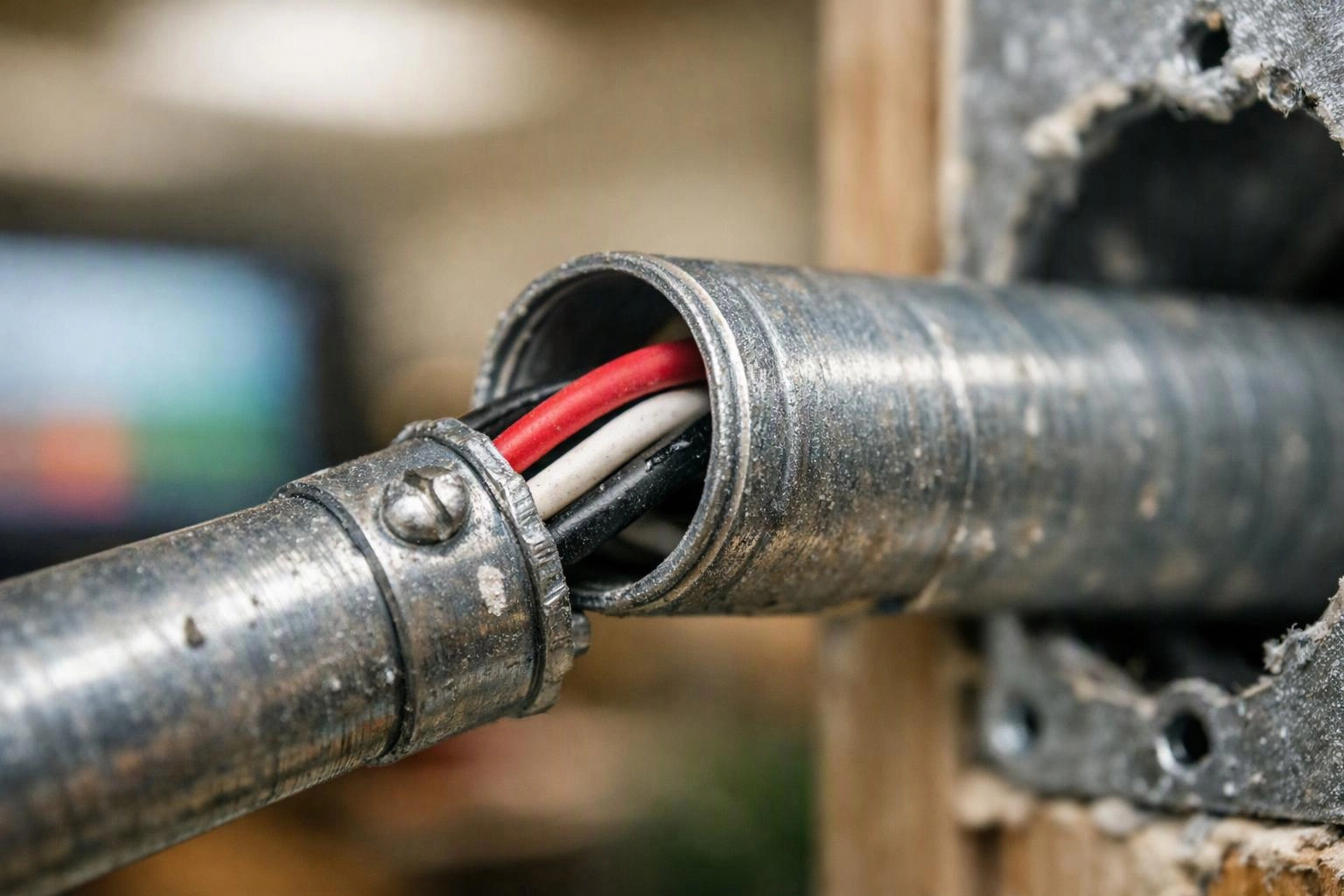 Close-up of metal conduit pipes joining with red, white, and black wires visible inside