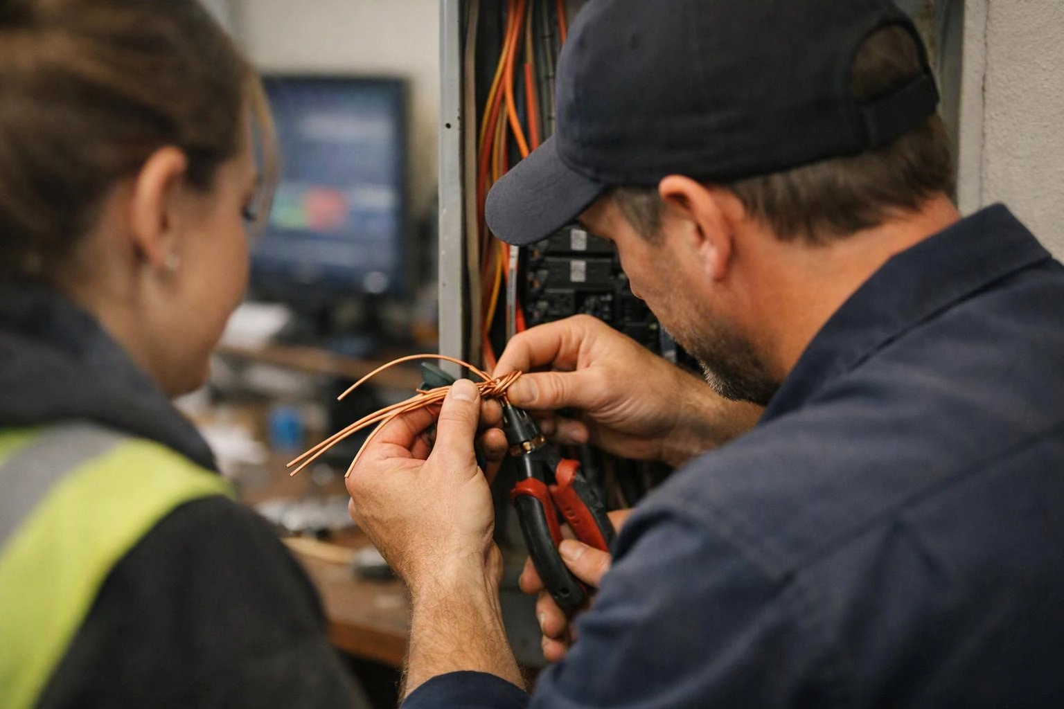 Two workers inspect and twist copper wires inside an electrical panel in a workshop
