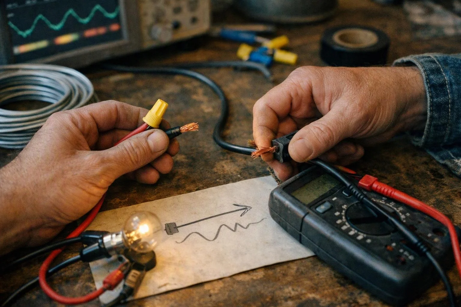 Two hands test exposed wires with a multimeter on a cluttered workbench, beside a glowing light bulb and sketch on paper