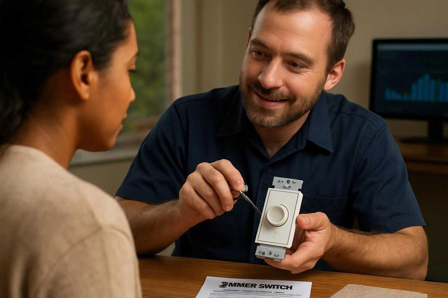 A man demonstrates a dimmer switch to a woman across a table in a home setting