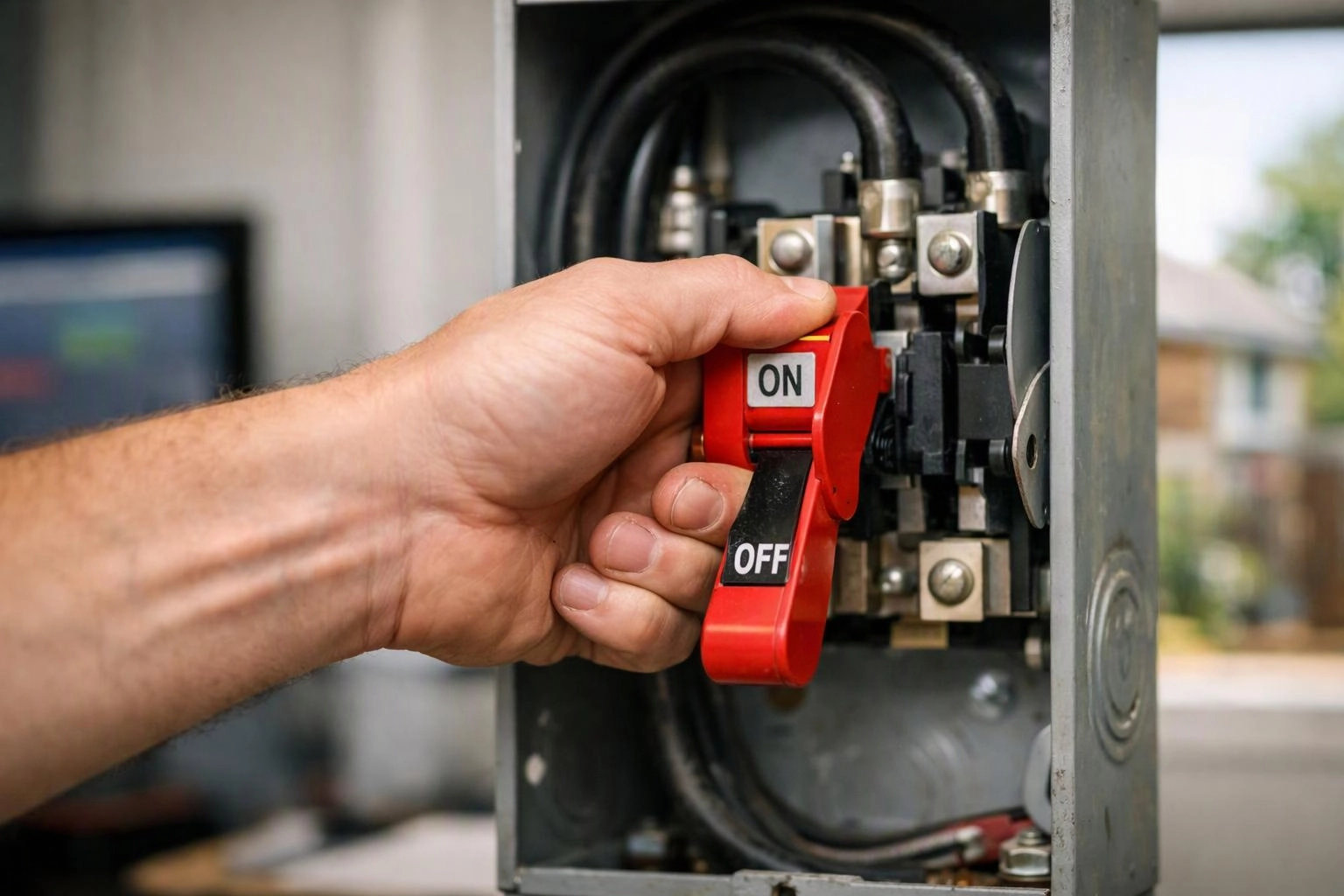 A hand flips a red ON and OFF switch inside an open electrical panel outdoors