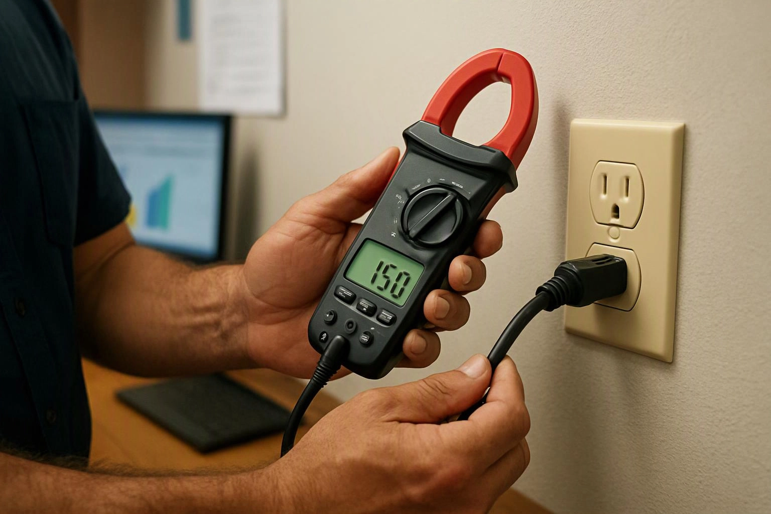 A person holds a clamp meter near a wall outlet with a plug connected to it