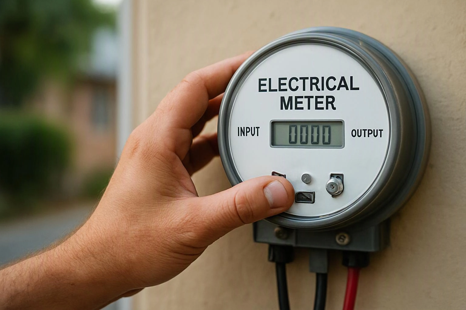 A hand adjusts a round electrical meter mounted on a beige wall, with a blurred outdoor background