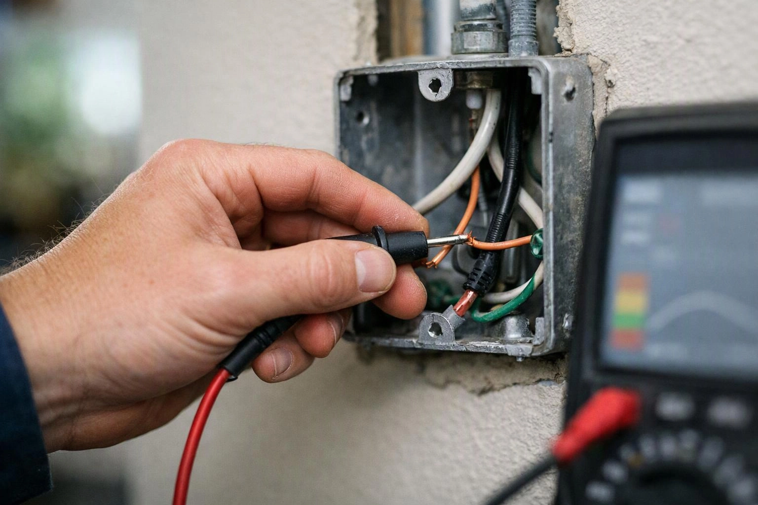 A hand tests exposed electrical wires in a wall box with a multimeter nearby