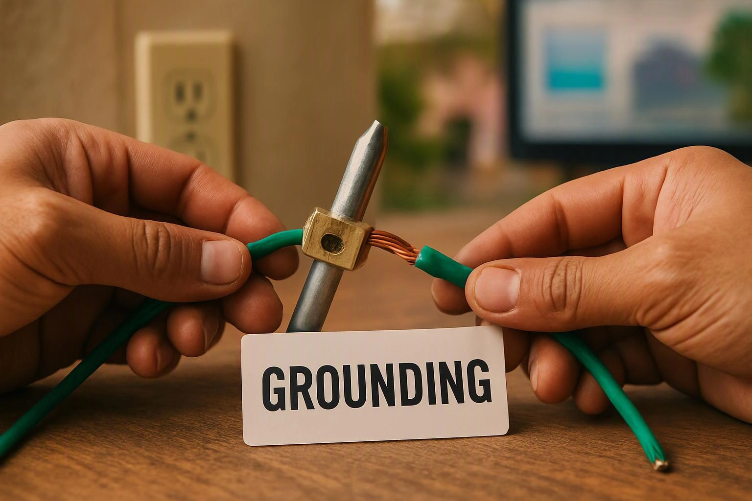 Hands hold a green wire around a metal rod beside a card reading “GROUNDING”