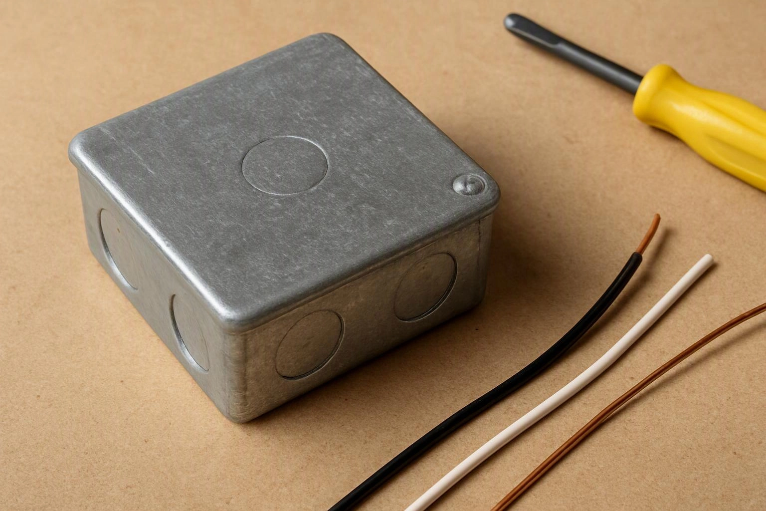 A metal electrical junction box sits beside loose wires and a yellow screwdriver on a tan work surface
