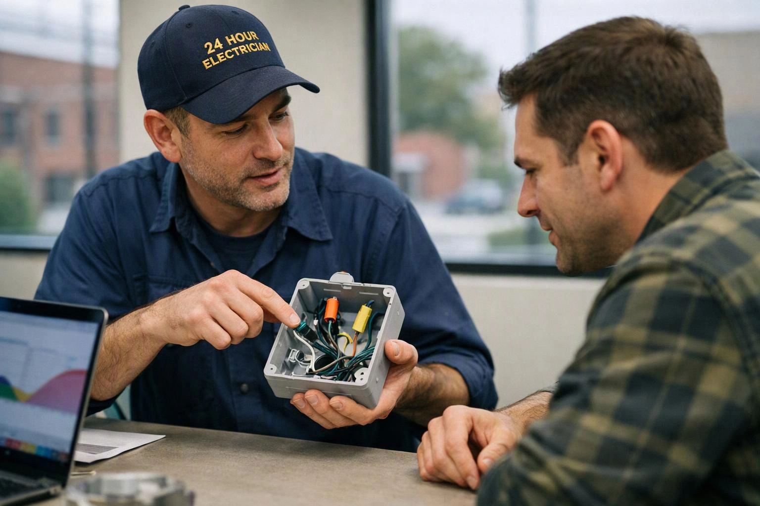 A man in a navy cap shows exposed wiring in a gray box to another man across a table indoors