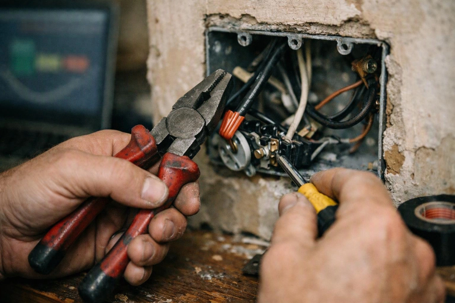 Hands use pliers and a screwdriver to work inside an open electrical wall box