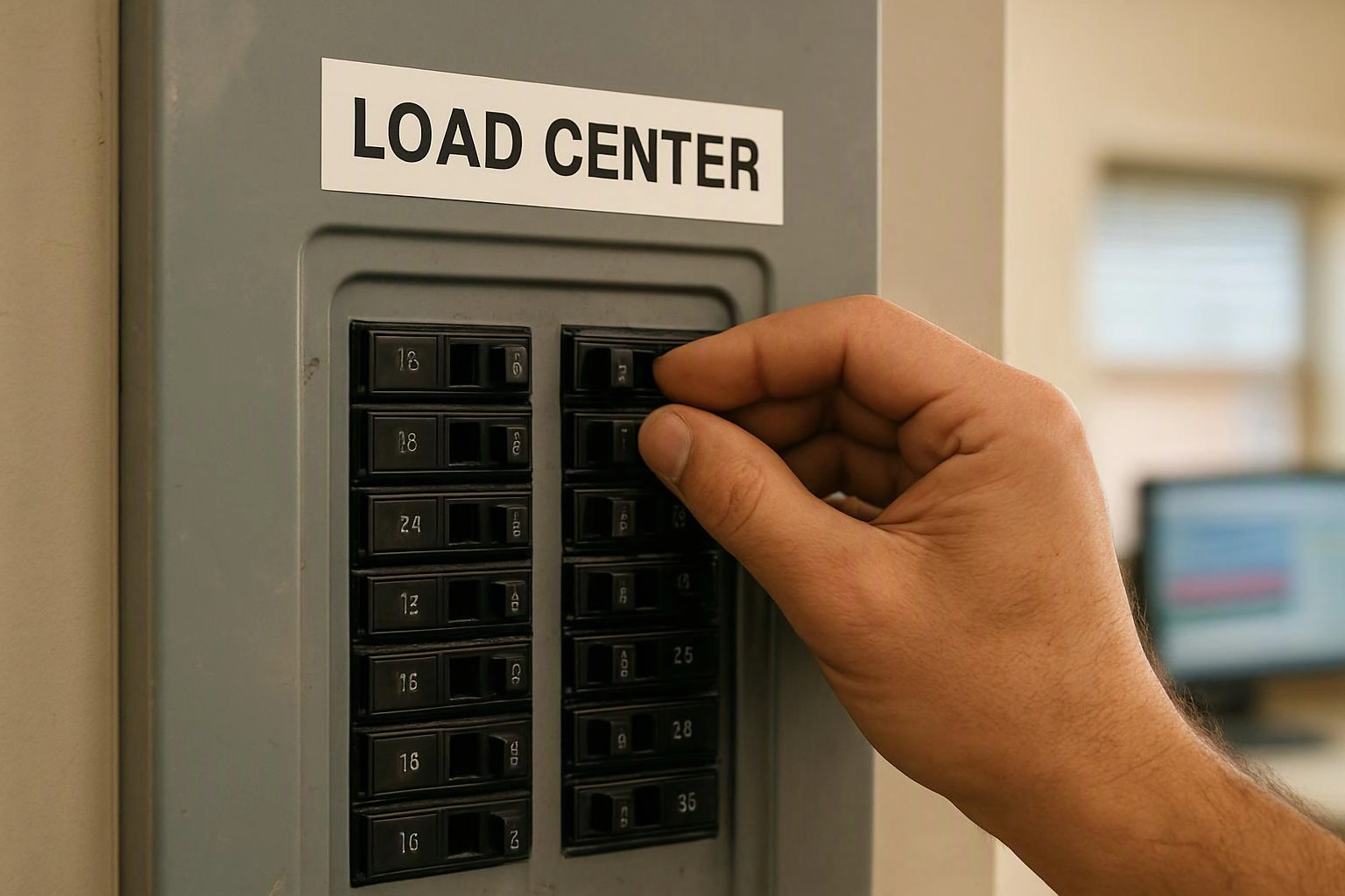 A hand flips a breaker in a labeled load center inside a softly blurred room