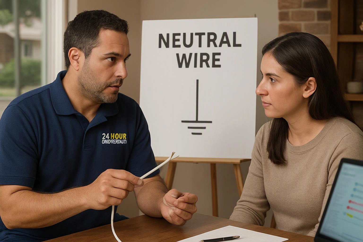 A man shows a cable to a woman beside a sign reading “NEUTRAL WIRE” with a grounding symbol