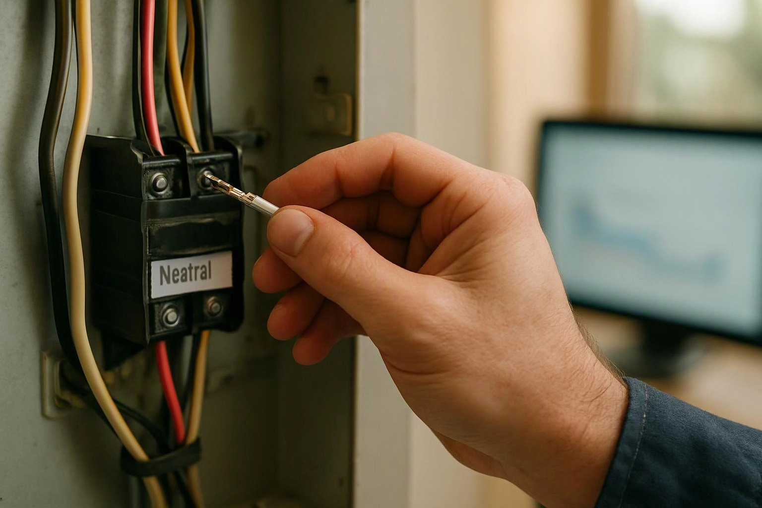 A hand probes an electrical panel with a tool, near labeled wires and a blurred monitor in the background