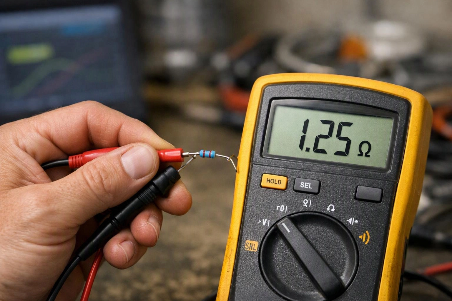 A hand holds multimeter probes against a resistor, with the yellow meter displaying 1.25 ohms in a workshop setting