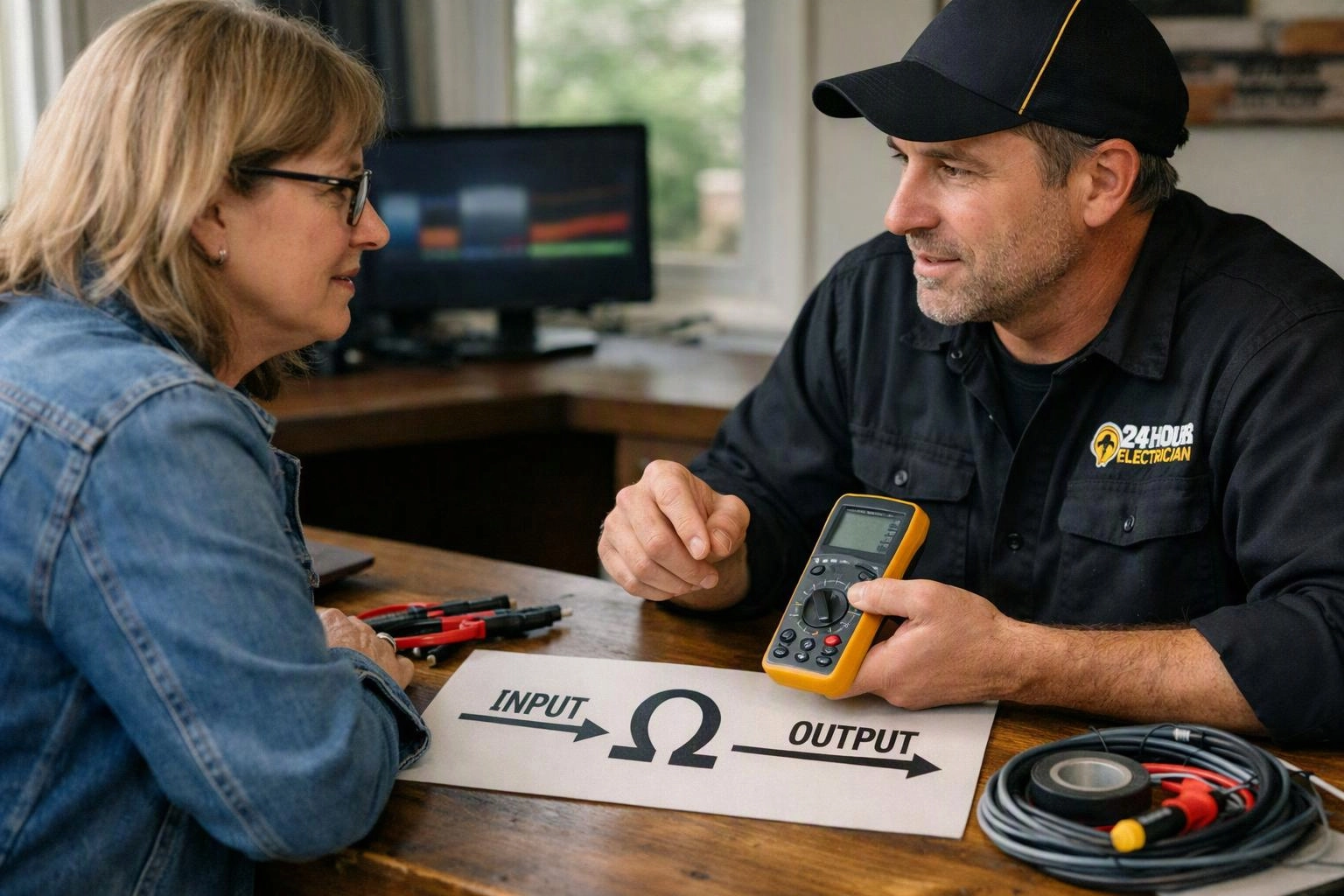A man in a black cap shows a multimeter to a woman across a desk in a bright office