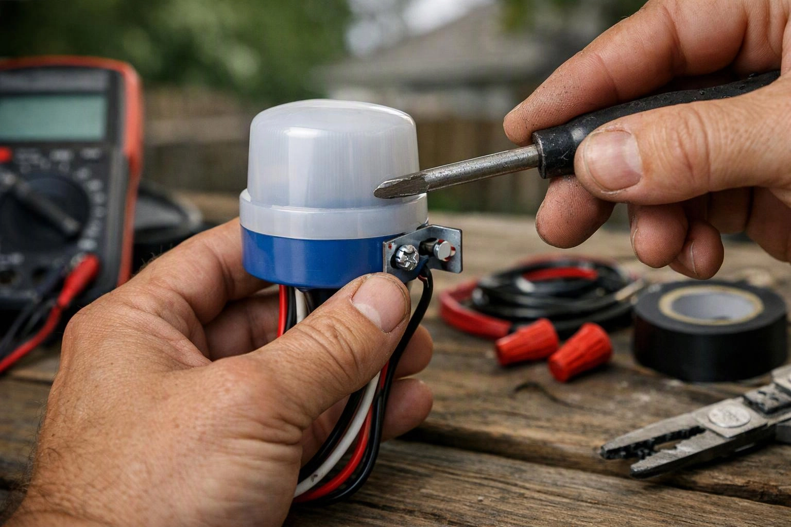 Hands use a screwdriver to wire a small sensor on a wooden workbench outdoors