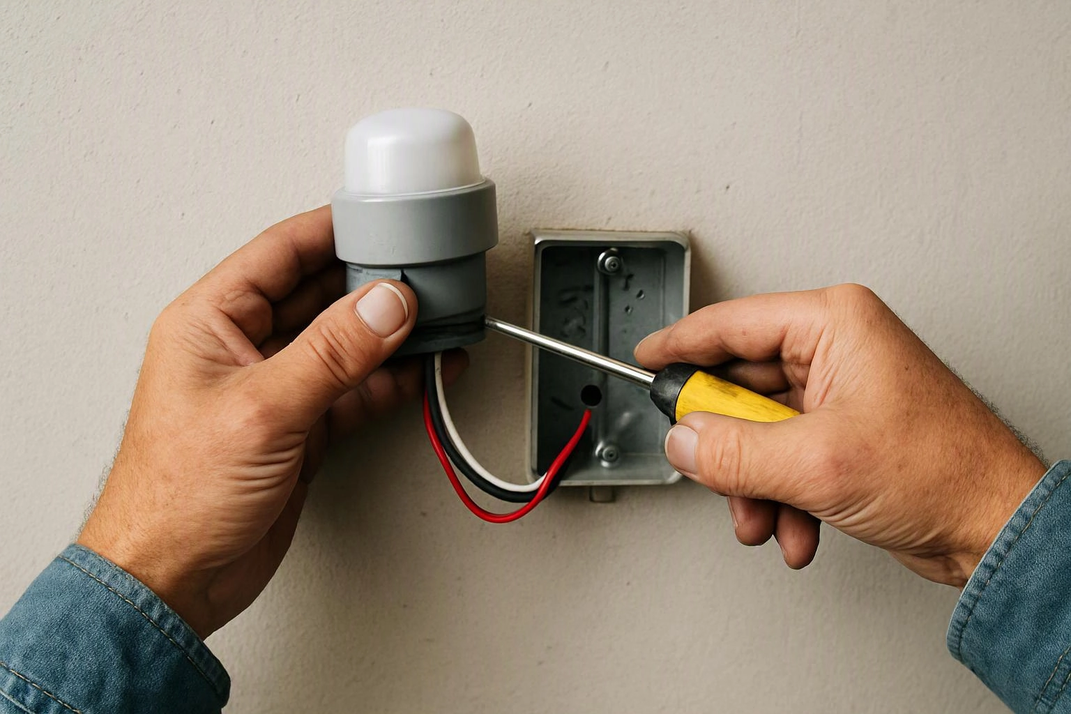 Hands install a wall sensor with a screwdriver beside an open electrical box on a plain wall