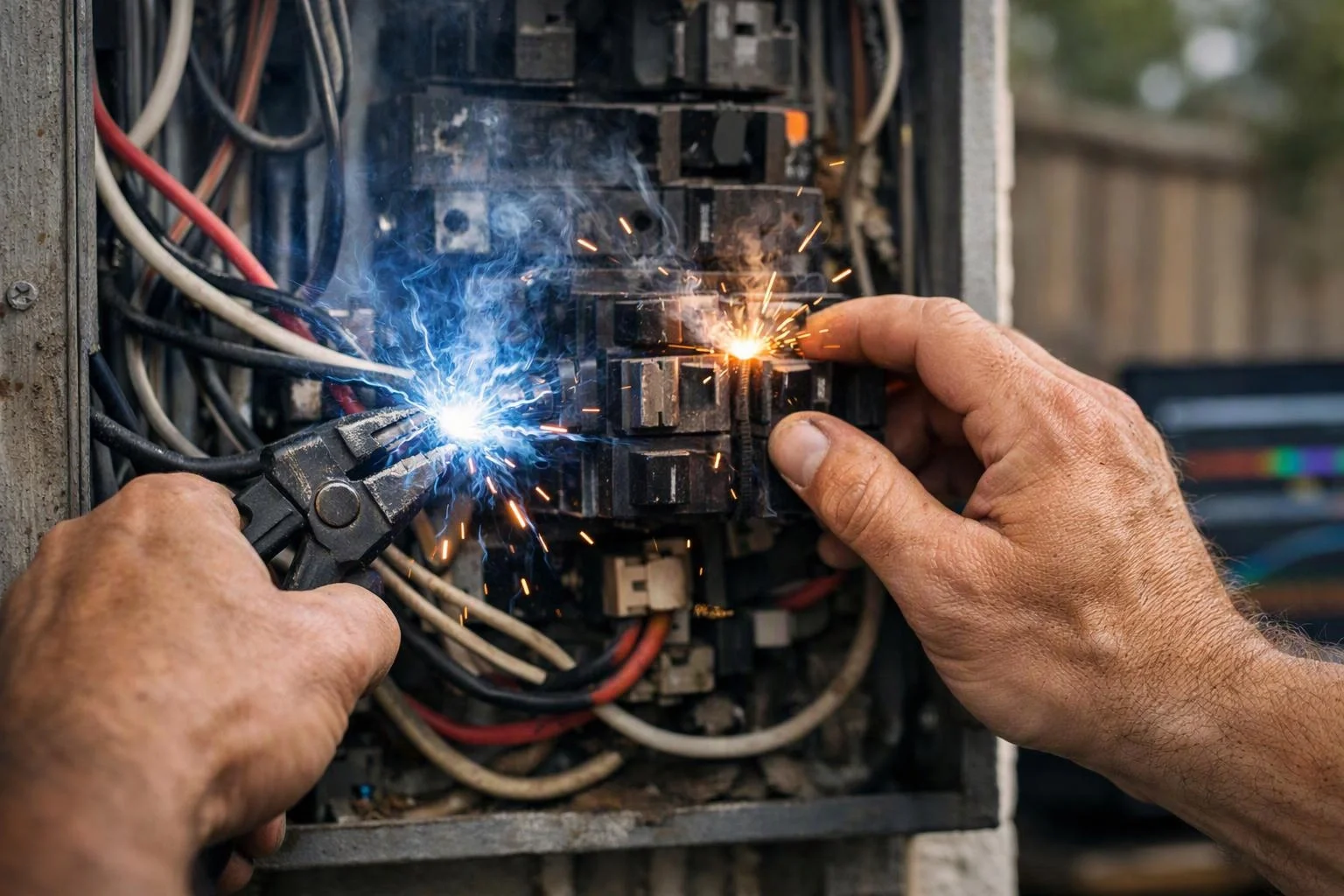 Two hands work inside an open breaker panel, one holding pliers as bright sparks fly from live wires