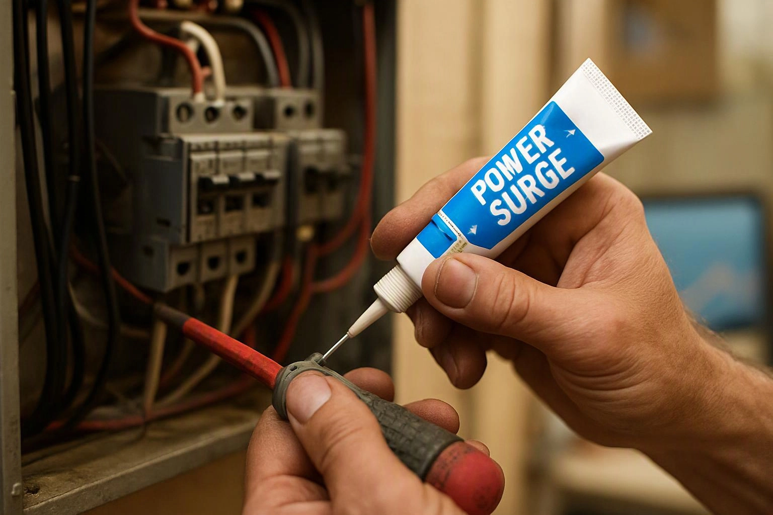 Hands apply power surge gel to a red wire inside an electrical panel