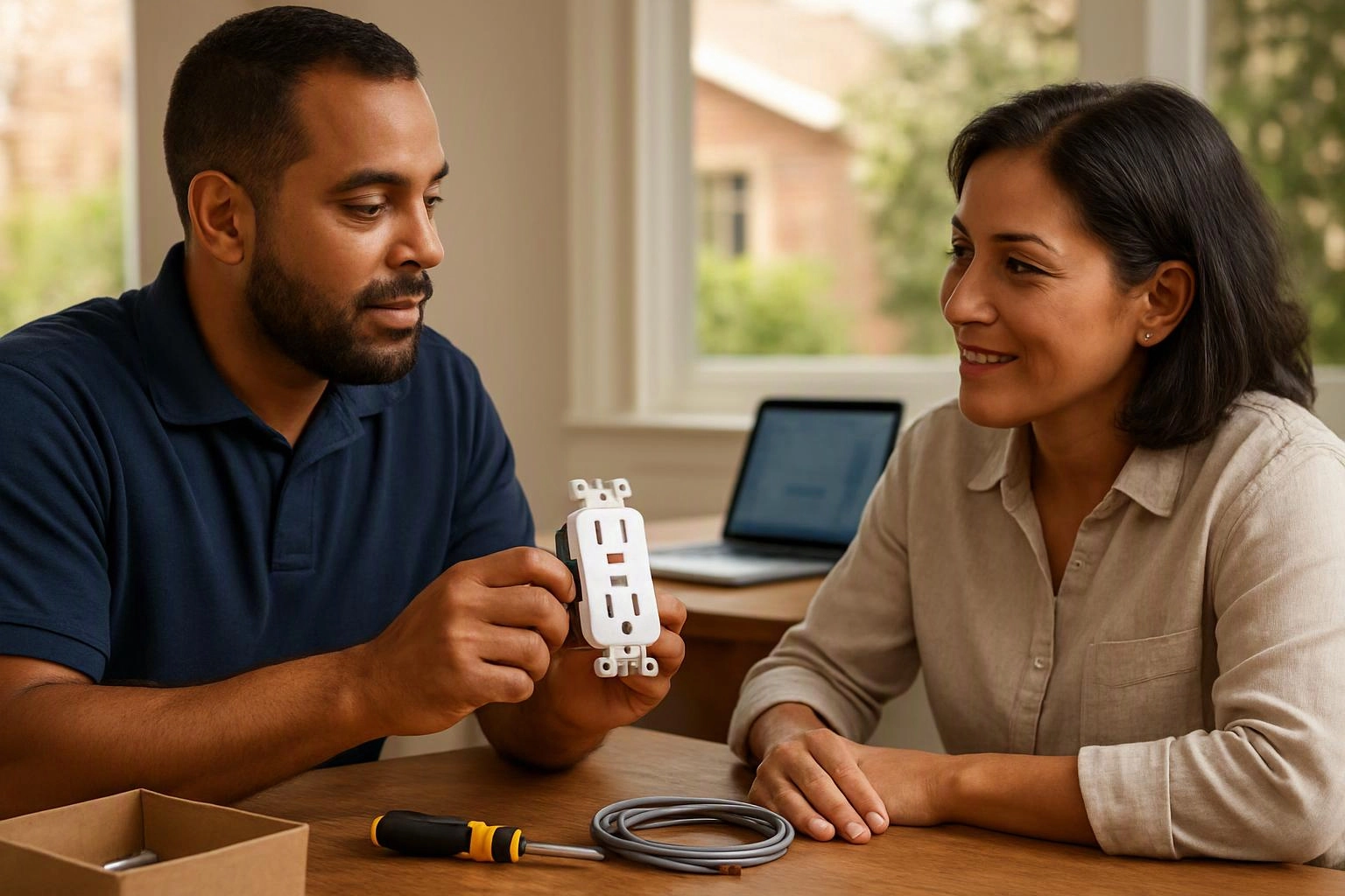 A man shows a white electrical outlet to a woman at a table with tools and a coiled cable