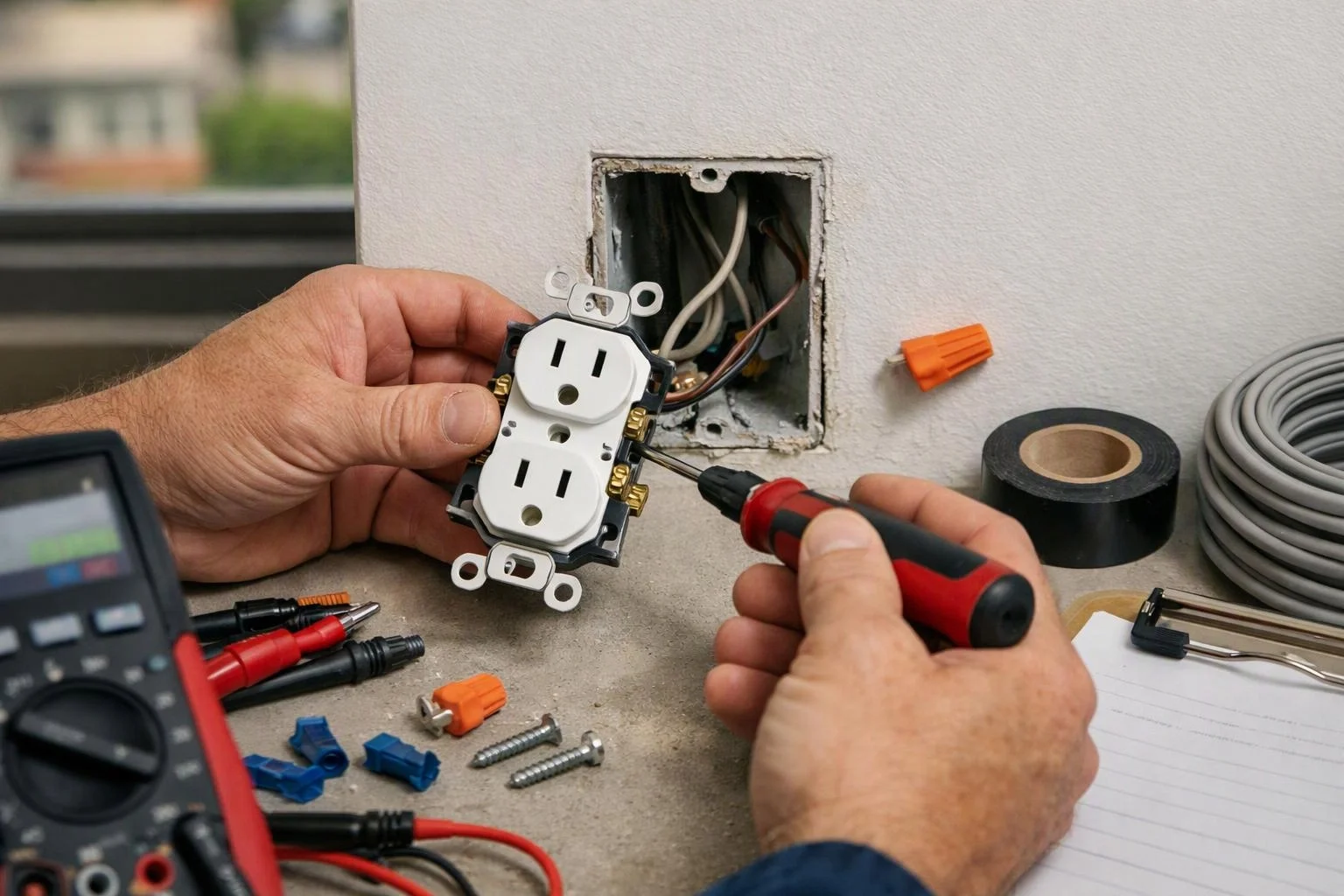 Hands install a white duplex outlet into an open wall box with wires and tools nearby