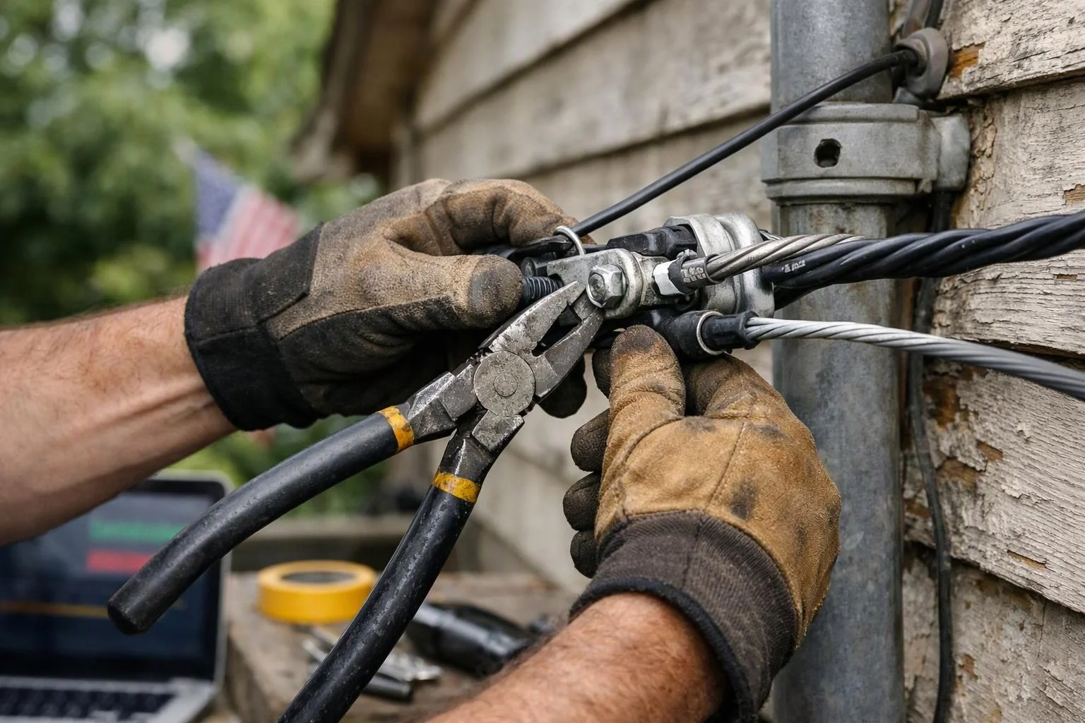Gloved hands use pliers to tighten cable hardware beside a weathered wooden wall outdoors