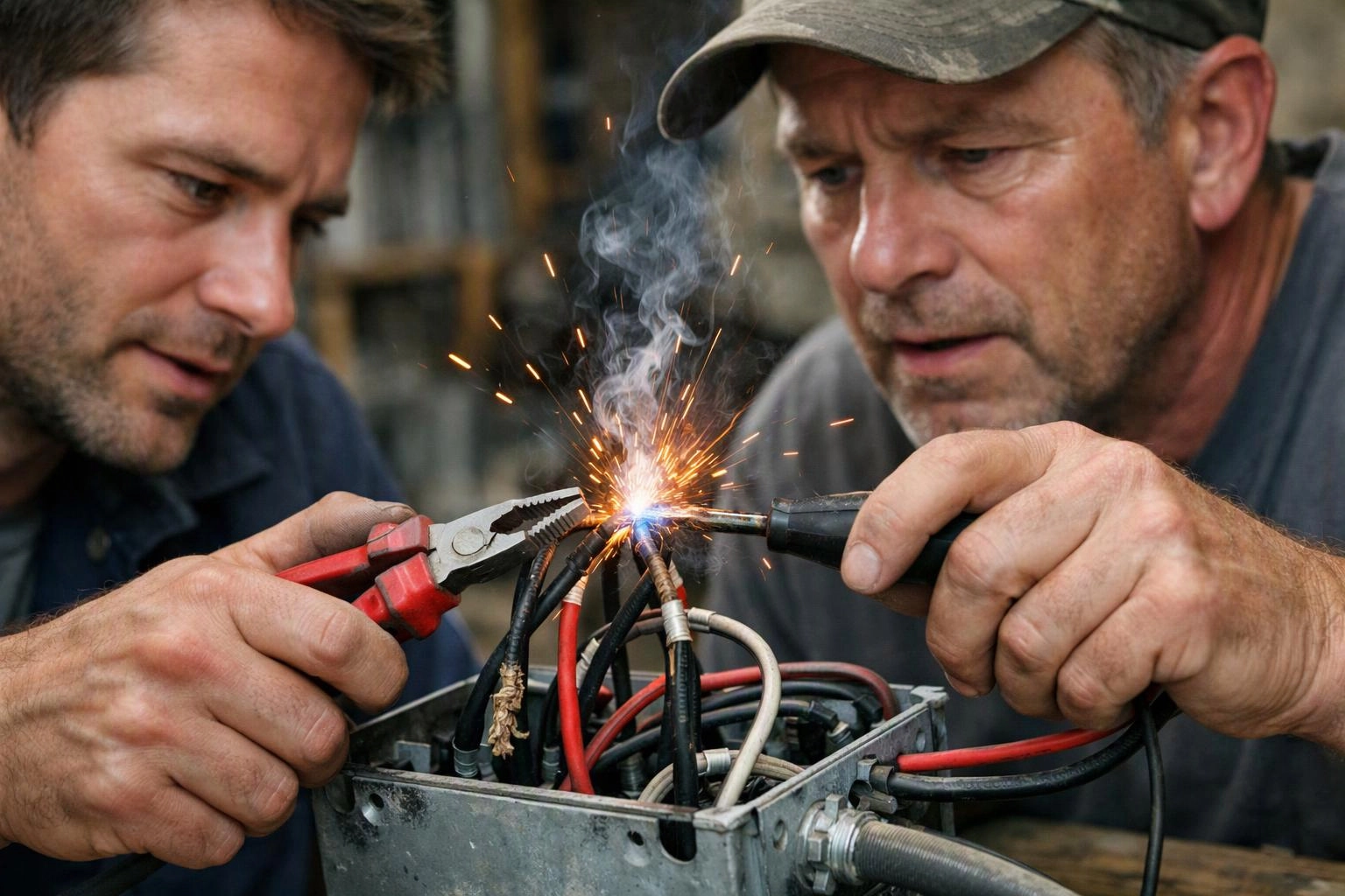 Two men work on exposed wires in a metal box, with sparks flying as they use pliers and a tool outdoors