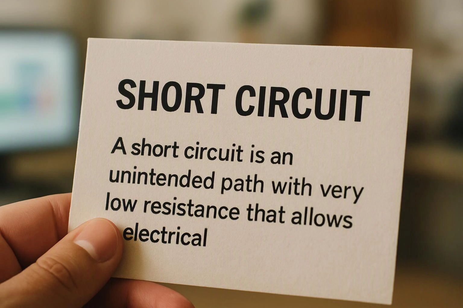 A hand holds a card reading "SHORT CIRCUIT" with a definition, against a blurred indoor background
