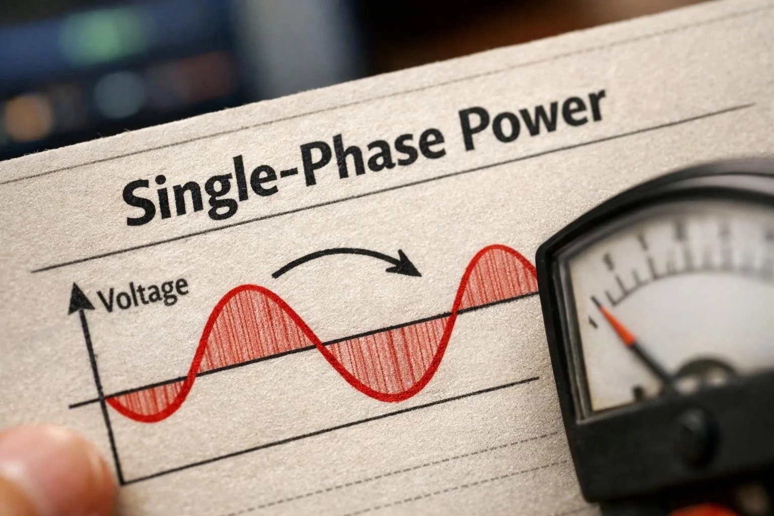 A paper diagram labeled "Single-Phase Power" shows a red voltage wave beside an analog meter gauge
