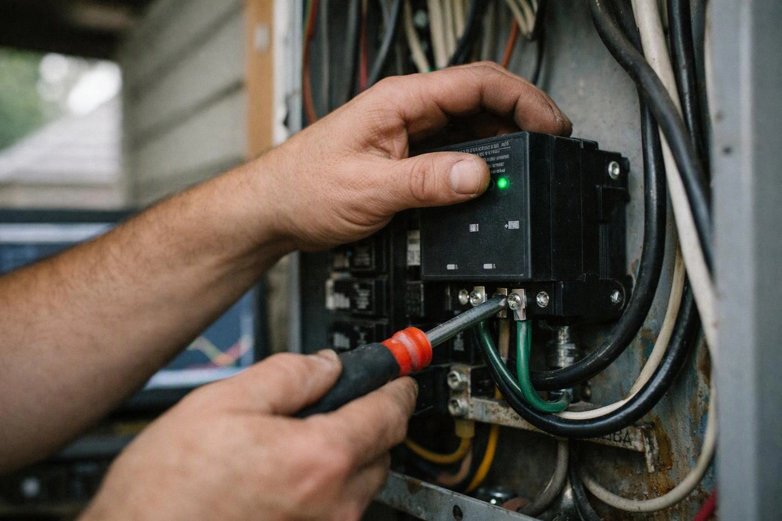 A person adjusts an electrical panel with a screwdriver among bundled wires, inside a metal cabinet