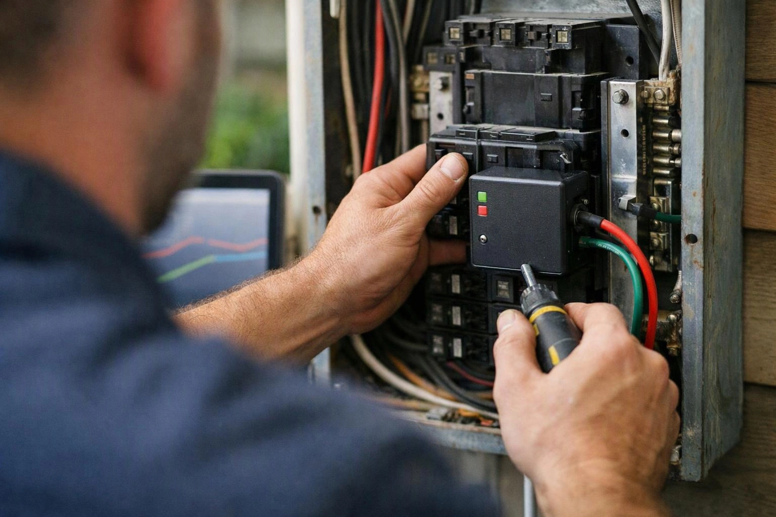 A technician adjusts electrical components inside an open panel with a screwdriver, with wires and a monitor nearby
