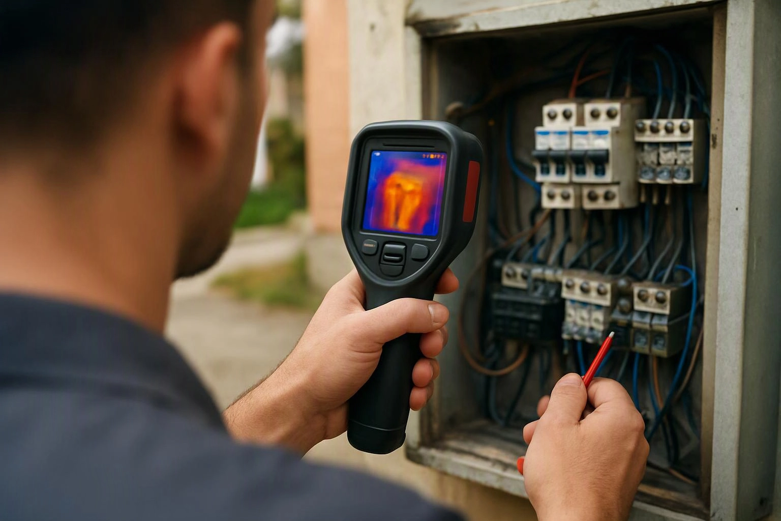 A person inspects an open electrical panel with a thermal camera and red probe outdoors