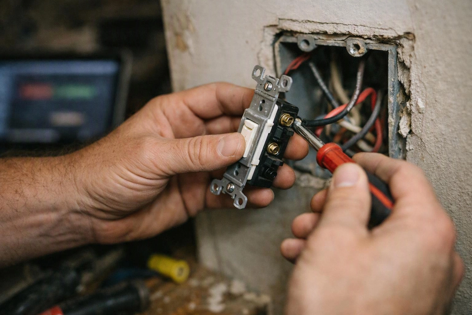 Hands install a light switch into a wall box with exposed wires and a screwdriver