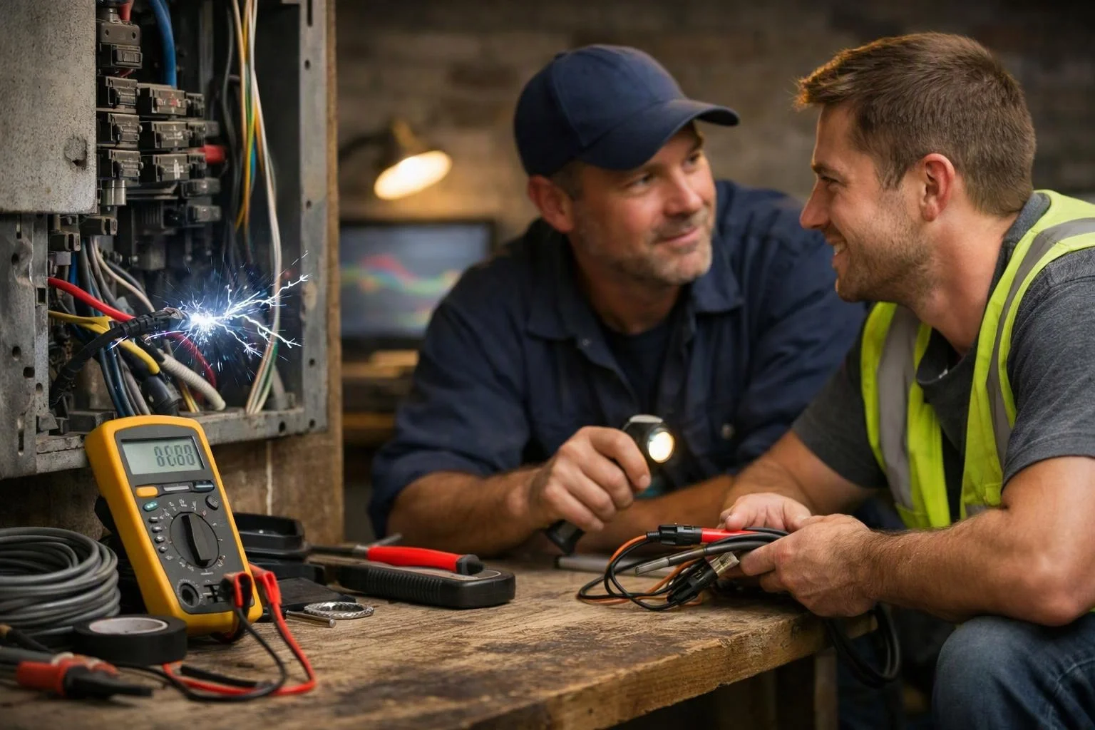 Two electricians inspect sparking wires beside an open panel, with tools and a multimeter on the workbench