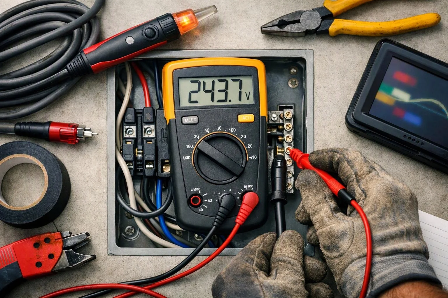 Gloved hands test wiring in an open electrical box with a digital meter and scattered tools around it