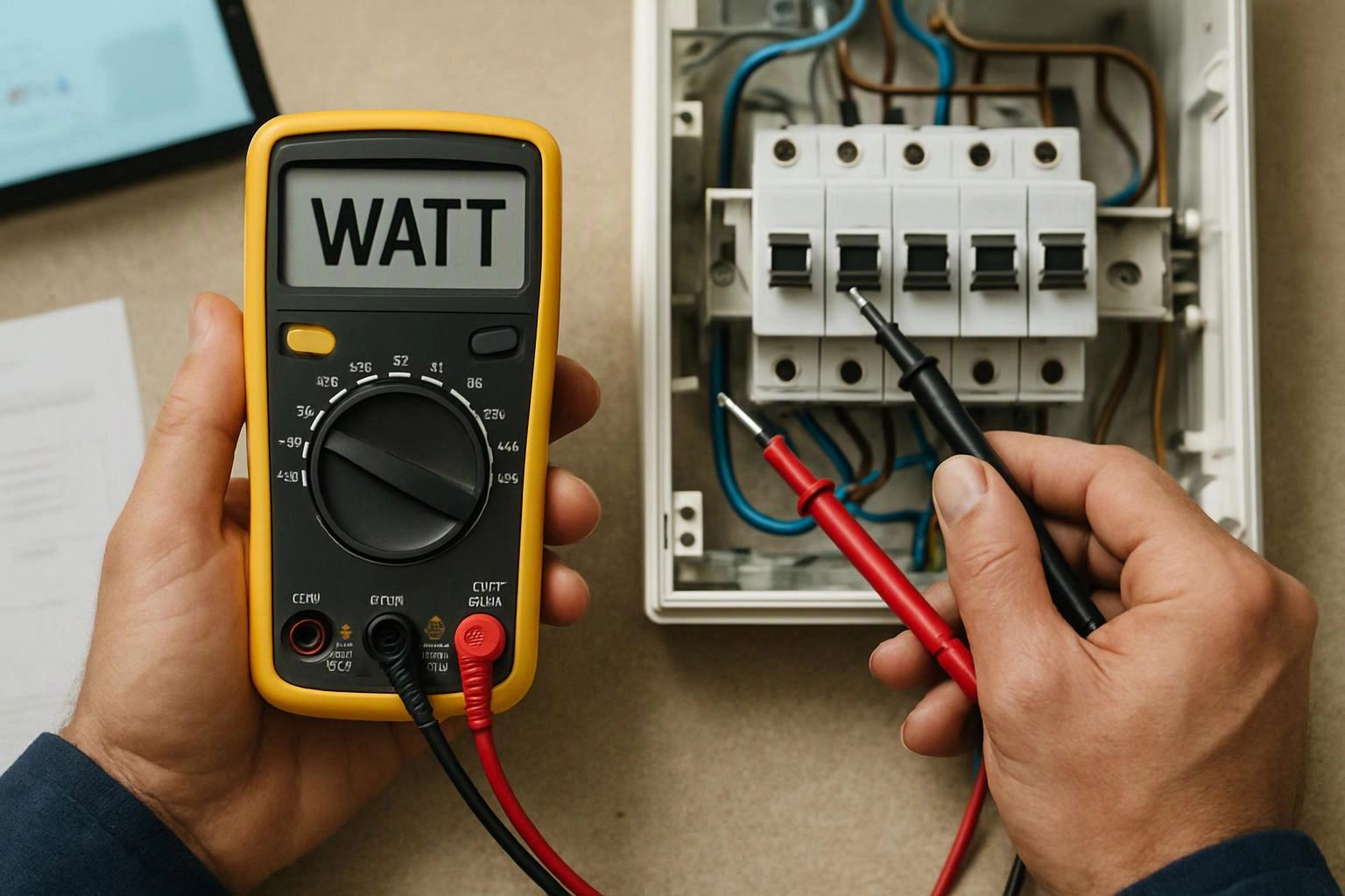 A person holds a digital multimeter labeled WATT beside an open electrical breaker panel with test probes touching switches