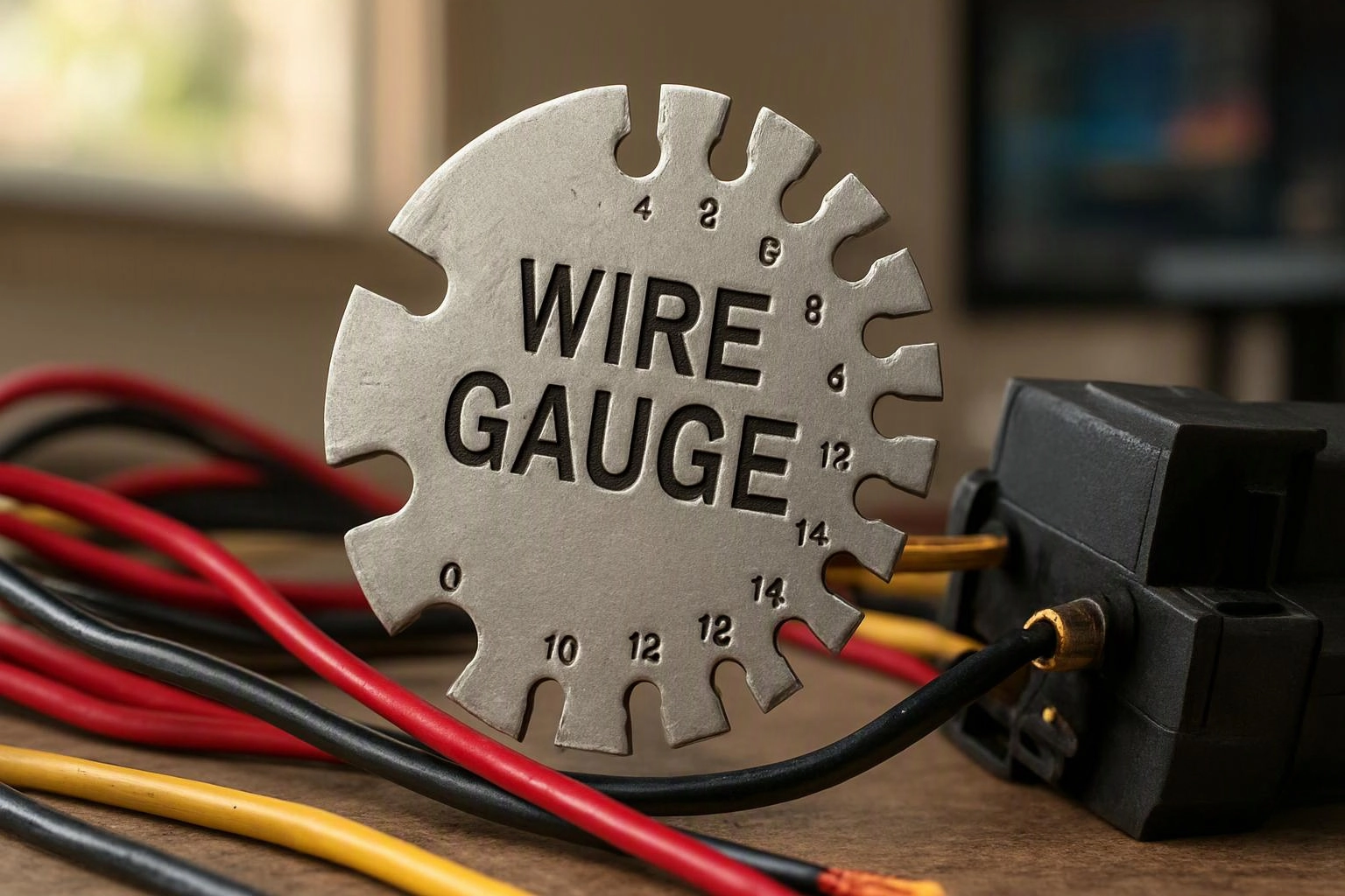 A metal wire gauge tool stands beside red, black, and yellow wires on a tabletop