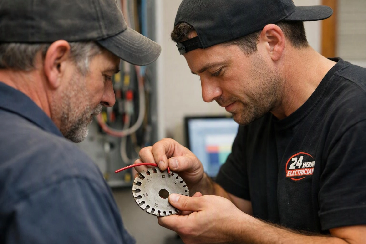 Two men in caps inspect a metal gauge with a red wire in a workshop