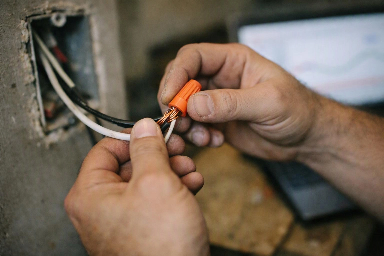 Close-up of hands twisting electrical wires together with an orange wire nut beside a wall box