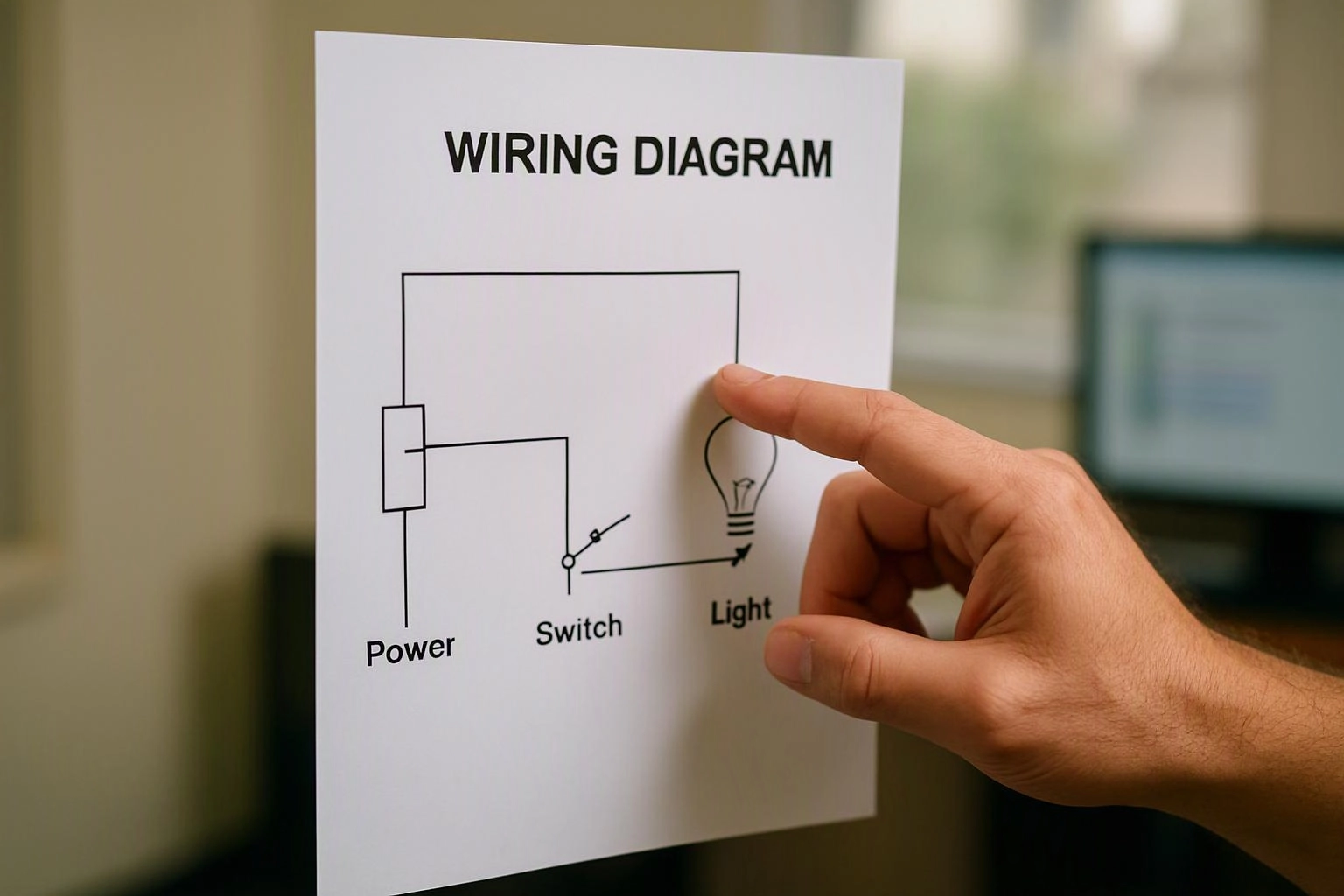 A hand points at a wiring diagram showing power, switch, and light labels on a white page