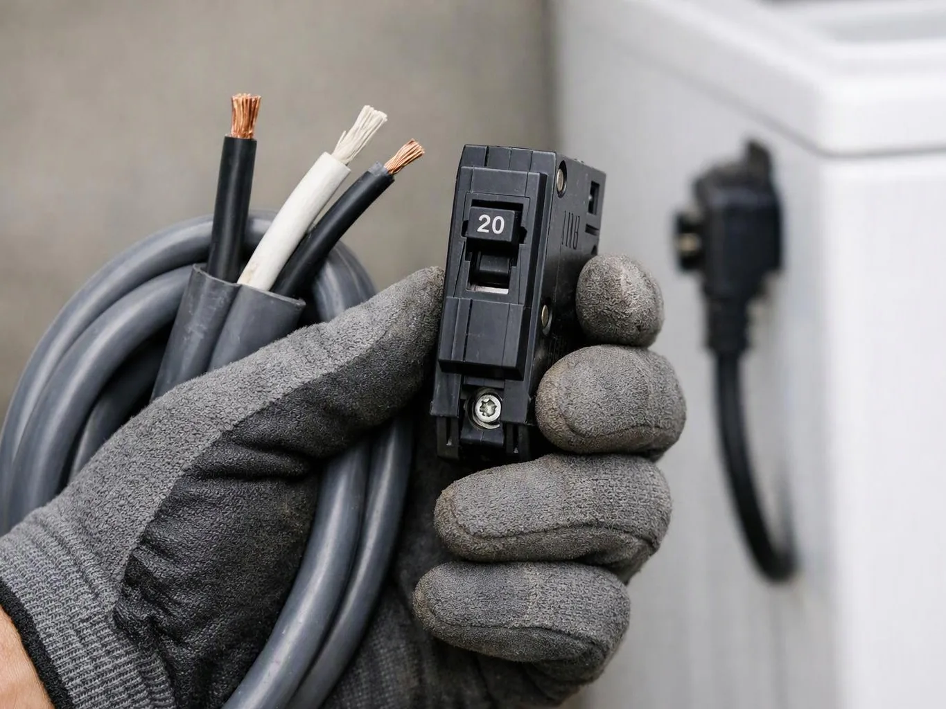 A gloved hand holds a black circuit breaker beside exposed electrical wires and a wall panel