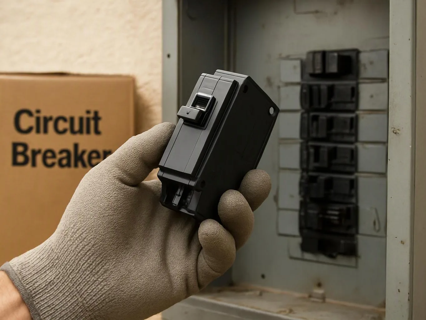 A gloved hand holds a black circuit breaker beside an open electrical panel and a box labeled Circuit Breaker