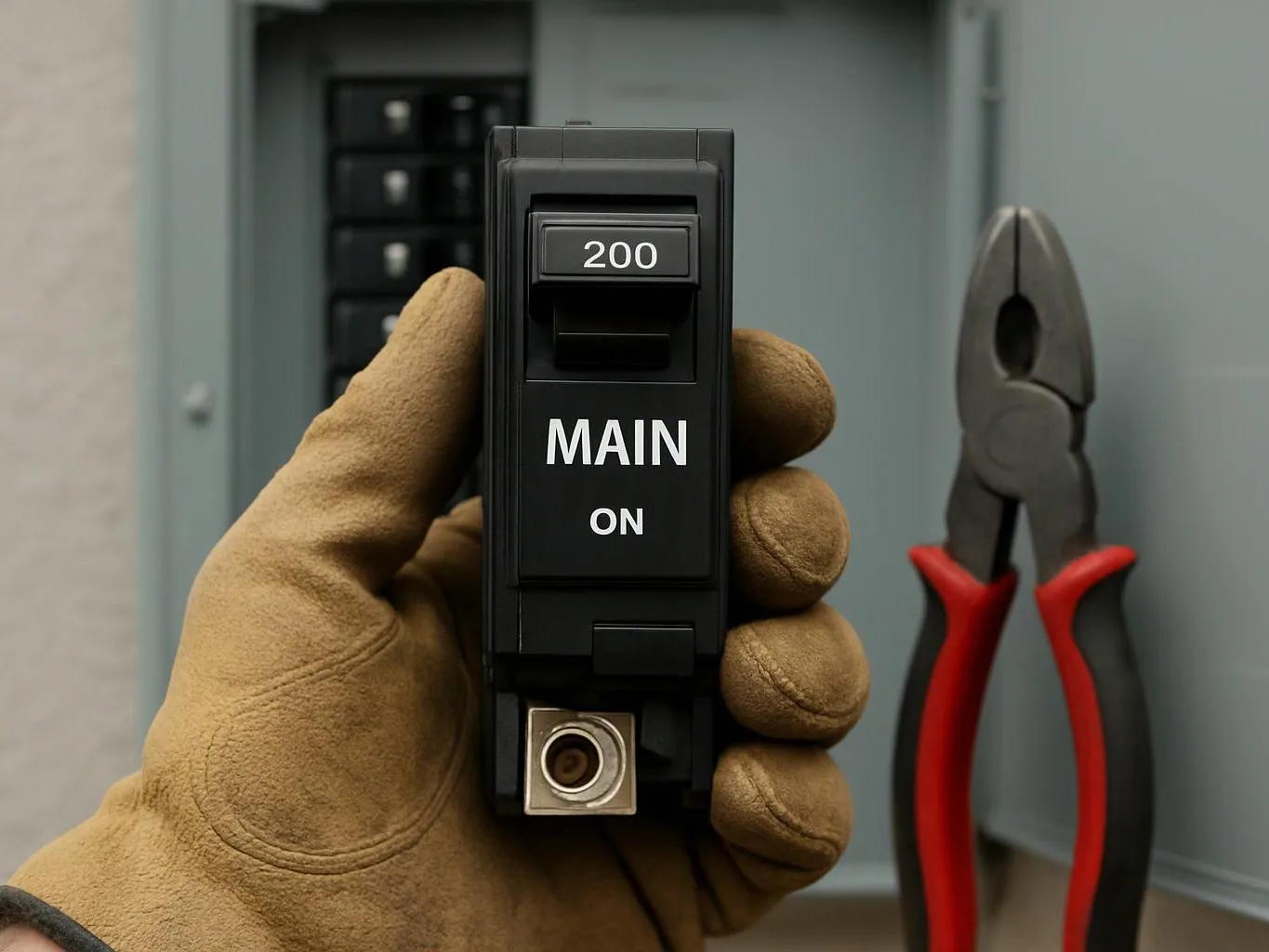 A gloved hand holds a black electrical breaker labeled “200 MAIN ON” beside red-handled pliers in a panel box