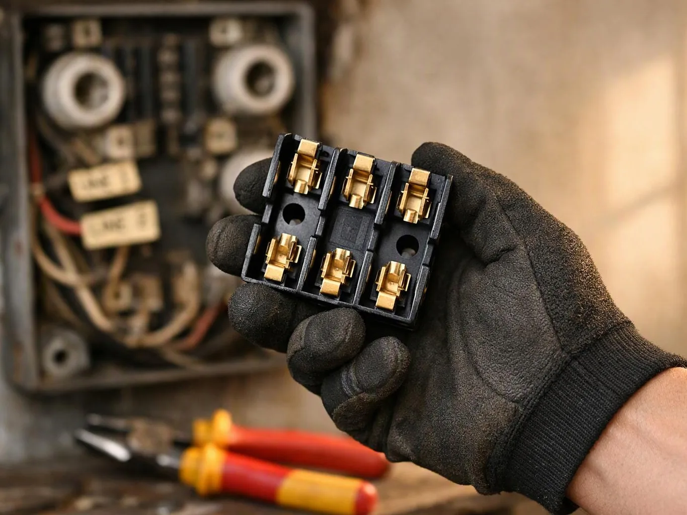 A gloved hand holds a black electrical connector block with brass contacts in front of an open wiring box